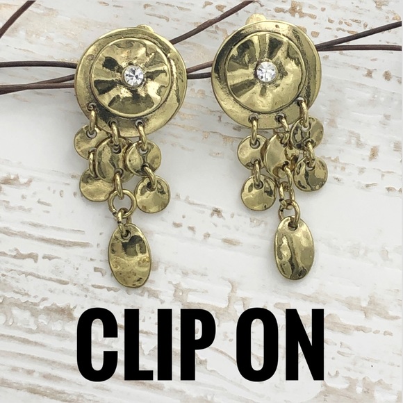 Gold Dangle Clip On Earrings - Picture 1 of 4